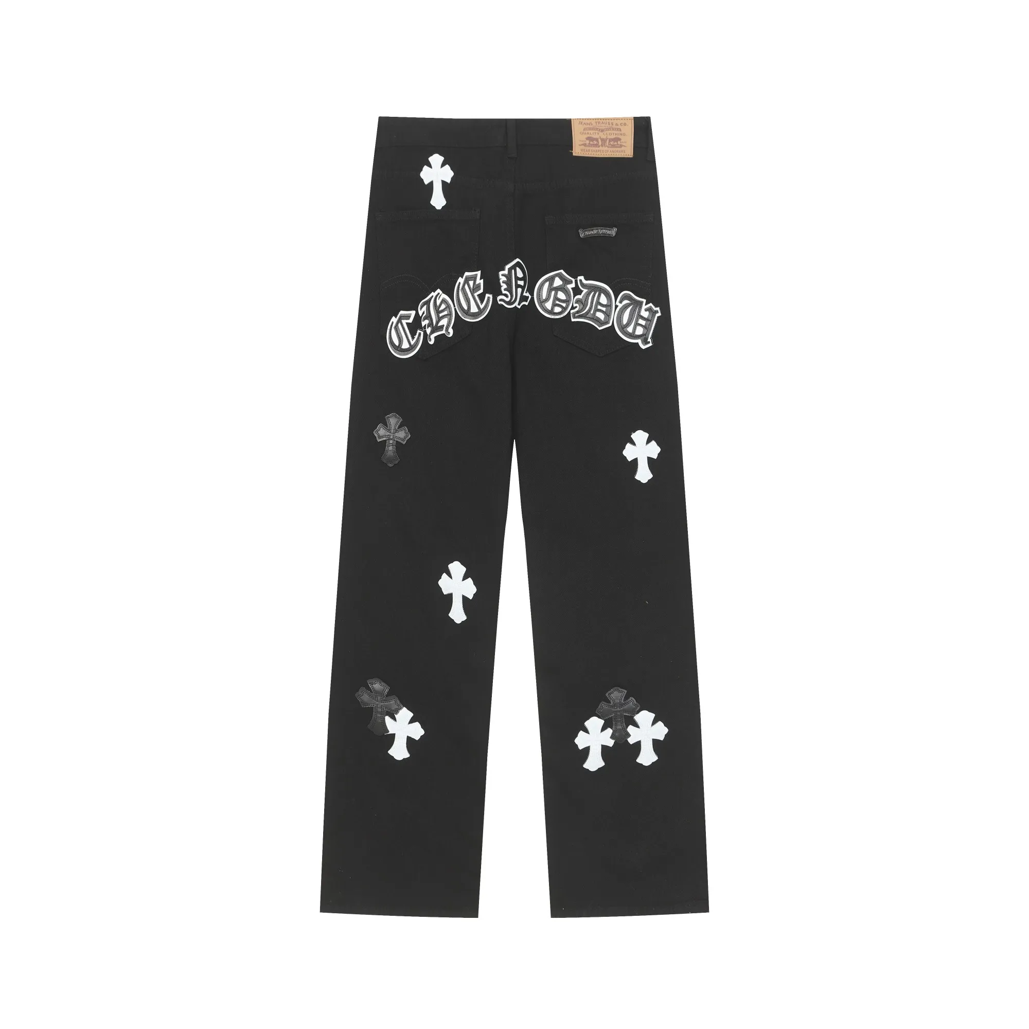 P280 -Chrome Hearts/Chrome Hearts 25ss classic colored leather cross washed color fabric unisex denim trousers -Vibe style straight stacked god-level version -Carbon fine bias denim color fabric -Old vintage complete set of hardware - Chrome Hearts high version uses high-ounce custom fabrics, fermentation washing and soft color fixation, soft and thick to wear. The details are all made by hand-polished craftsmanship. All-over jacquard fabrics. Unique design style. Create a full retro feel through multiple processes Niche unique non-contrasting shirt. Customized distressed spray-painted buttons. Craftsmanship in every detail. Color: Picture color. Size: 28-36.